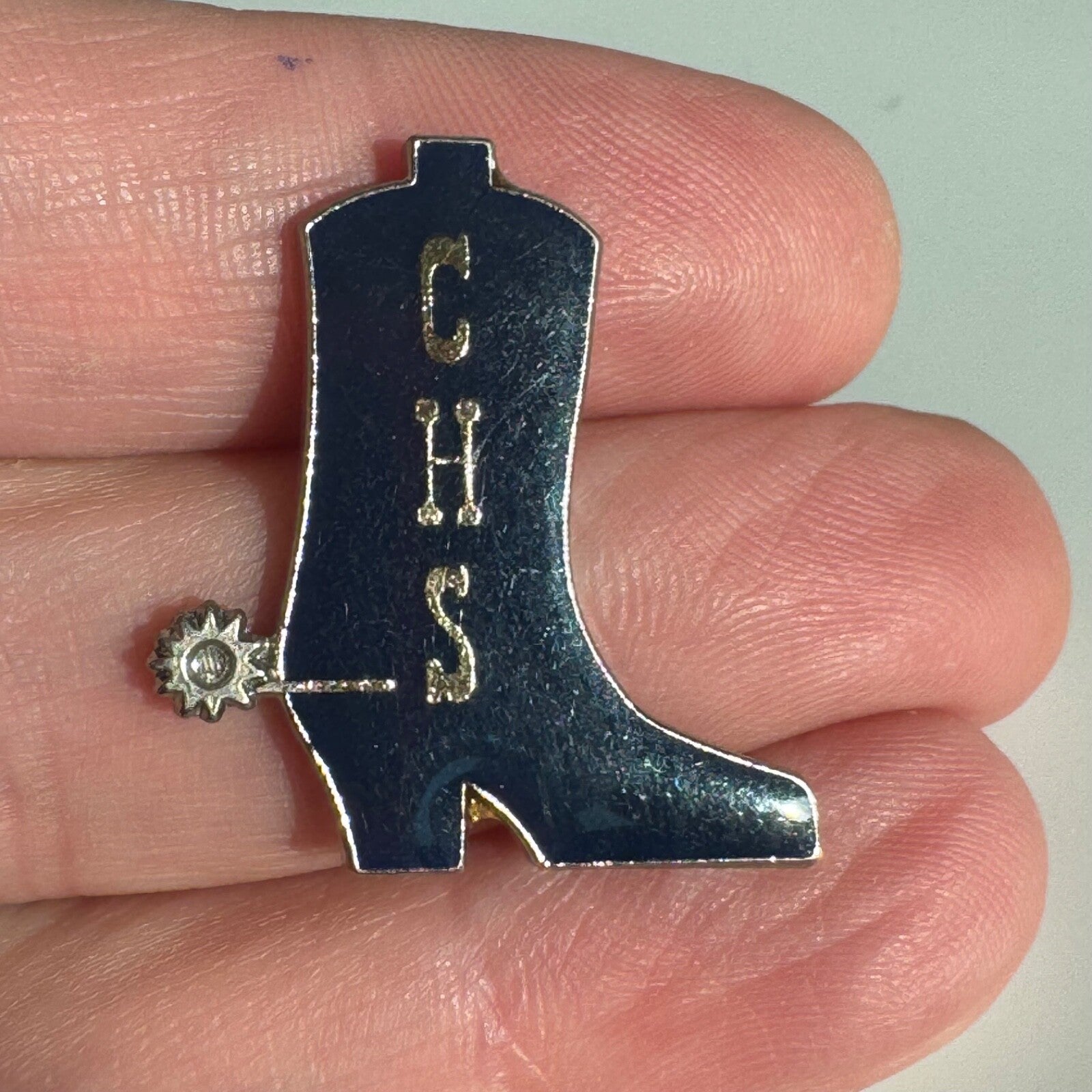 Vintage CHS High School Cowboy Boot with Spurs Lapel Pin Blue Silver