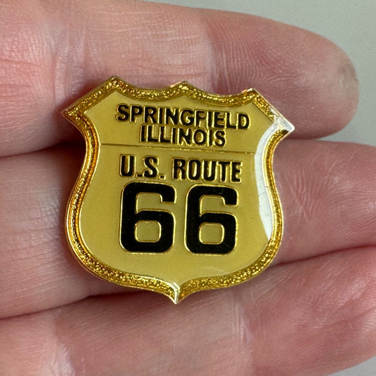 Springfield Illinois Route 66 Gold Shield Enamel Pin – Collector’s Item