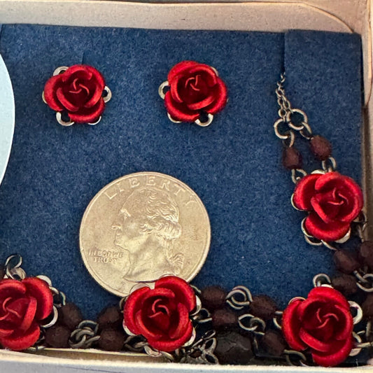 Vintage Avon Red Roses Necklace and Earring Gift Set New in Box