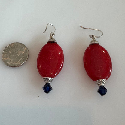 Vintage Silver Tone Earrings with Red Glass and Blue Accent Dangle