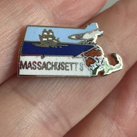Massachusetts State Shape Souvenir Pin with Ship and Cape Cod Design 