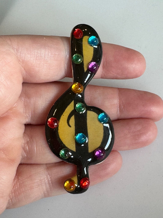 Vintage Treble Clef Resin Enamel Gold Black Multi-Color Brooch Pin B.H.