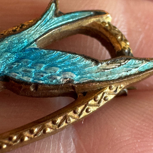 Gorgeous Guilloche Bluebird Victorian Heart Lovebird Brooch Pin Swallow Love