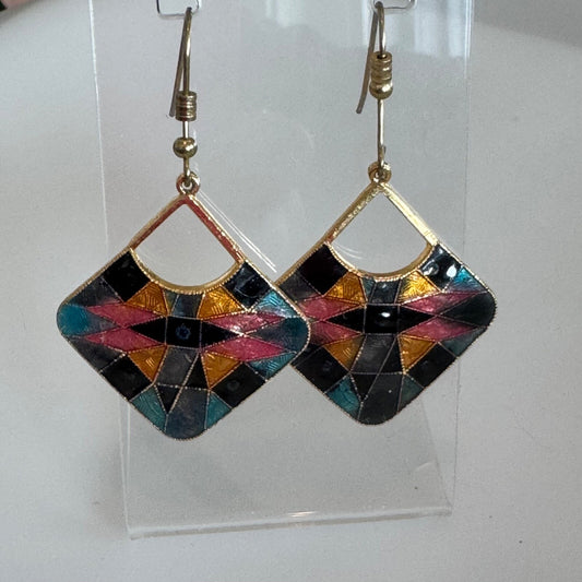 Vintage Patchwork Cloisonne Dangle Earrings Pink Blue Black 