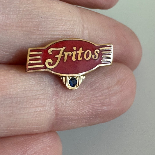 Vintage 10k Gold Fritos Red Enamel Logo Pin with Blue Gem