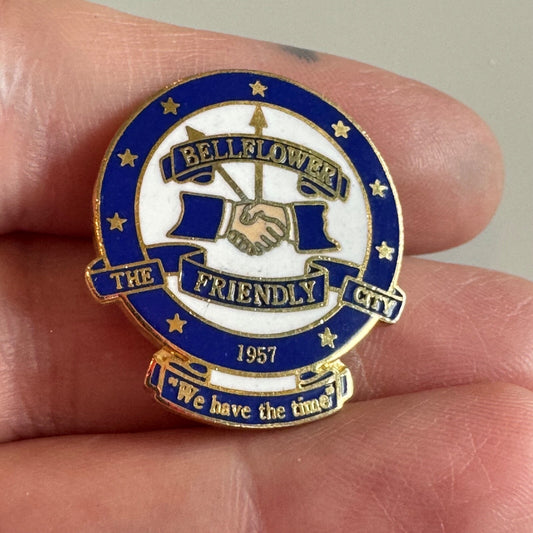 Vintage Bellflower The Friendly City California Coat Of Arms Lapel Pin
