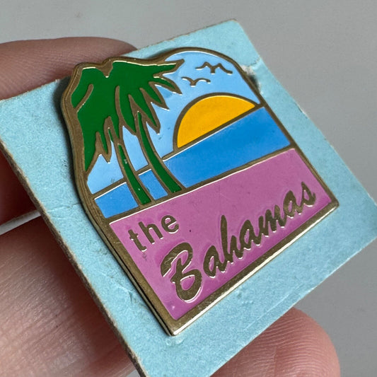 The Bahamas Sunset Enamel Pin – Palm Trees & Ocean View on Card