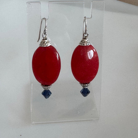 Vintage Silver Tone Earrings with Red Glass and Blue Accent Dangle