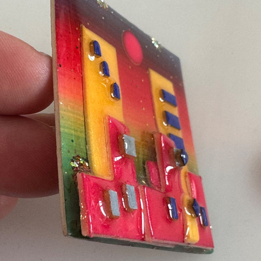 Vtg House Pins by Lucinda Twin Towers High Rise Apartments Sparkle Sunset Brooch