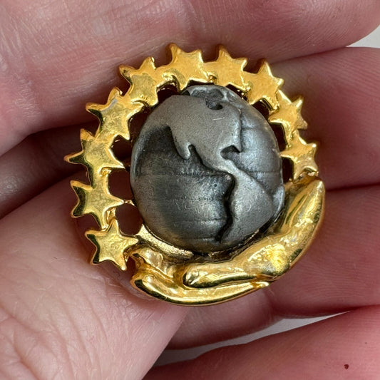 Psalm 24:1 World God Earth Pewter Gold Tone Stars Lapel Pin