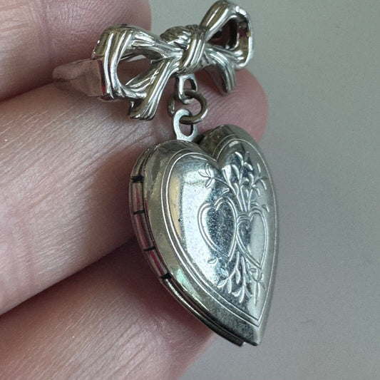 Vintage Silver Tone Heart Shaped Locket Dangle Bow Brooch Pin