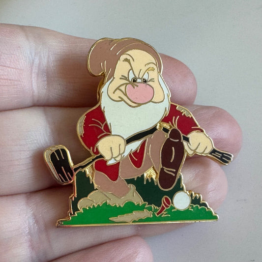 Vintage Grumpy Breaking Golf Club Lapel Pin Disney Snow White Seven Dwarfs
