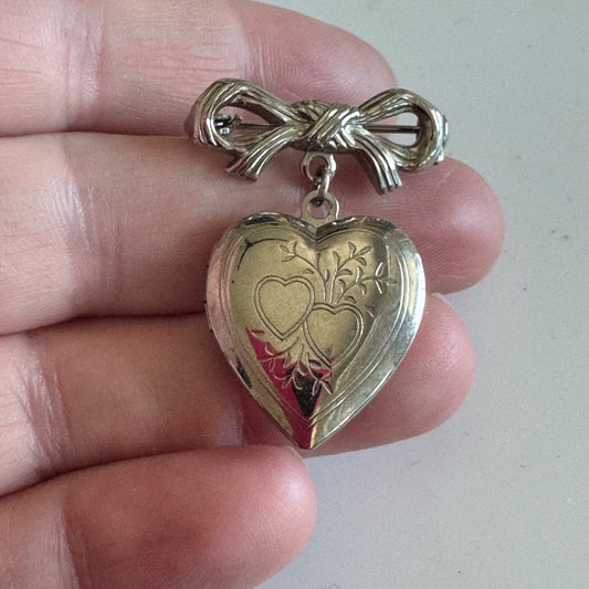 Vintage Silver Tone Heart Shaped Locket Dangle Bow Brooch Pin