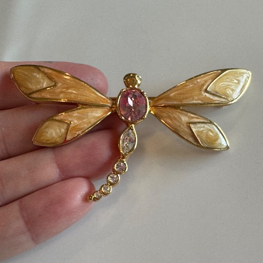 Vintage KJL for Avon Dragonfly Brooch Crystal Enamel Gold Tone Pin