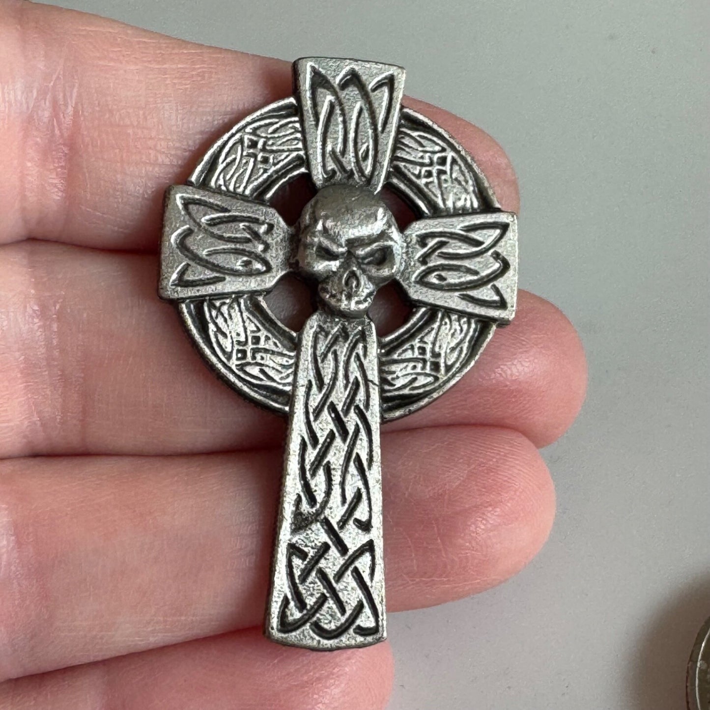 Pewter Celtic Cross with Skull Motorcycle Lapel Pin