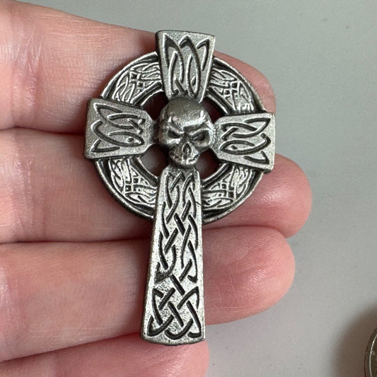 Pewter Celtic Cross with Skull Motorcycle Lapel Pin