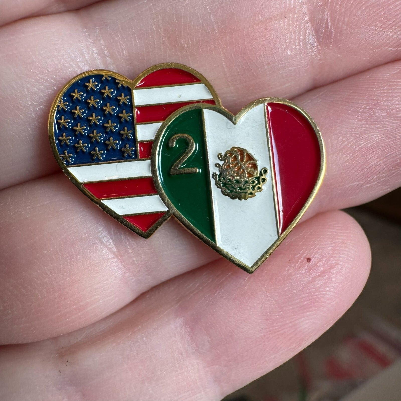 American and Mexican Friendship Flag Heart Lapel Pin Enamel USA Mexico