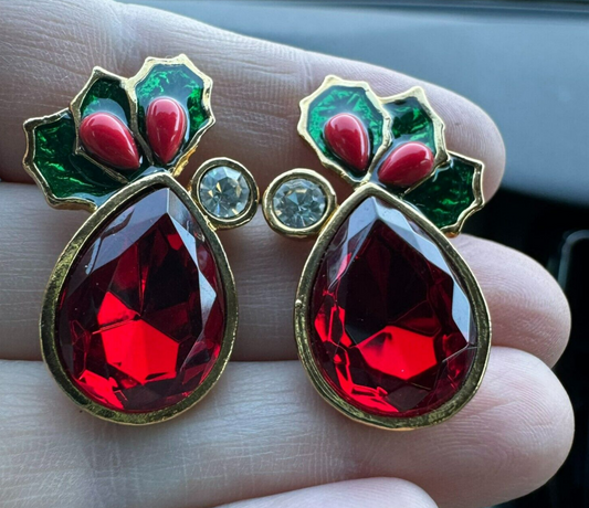 Vintage Avon Christmas Holly Earrings Gold Tone Red Stone Pierced