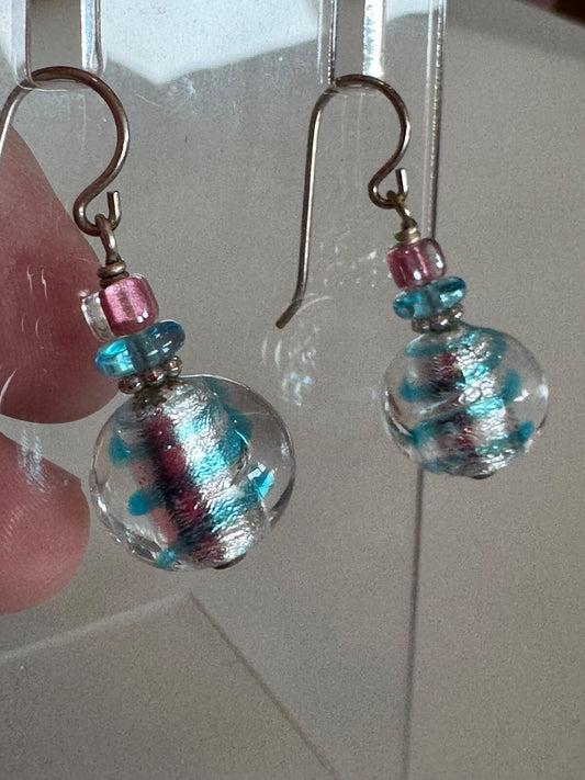 Dichroic Glass Pink Blue Clear Pierced Dangle Earrings