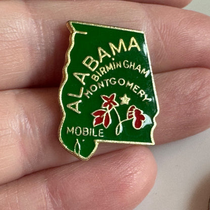 Vintage Alabama Souvenir Tourist Lapel Pin State Shape Green Flowers 