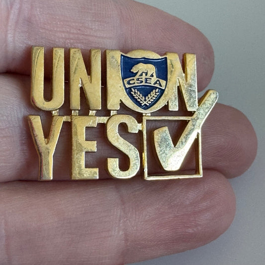 Vintage California School Employees Assn CSEA Union Yes Checkmark Gold Pin