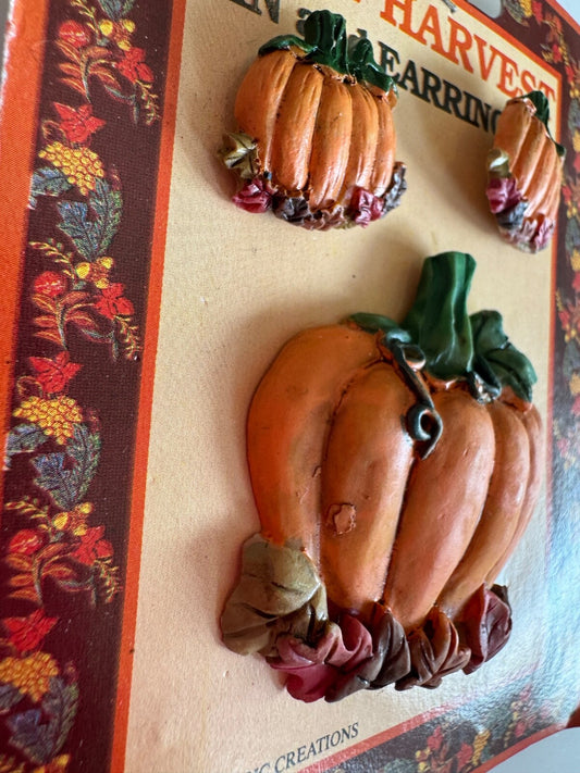 Vintage Fall Harvest Pin and Earrings Set Pumpkin Leaves Magic Creations Brooch