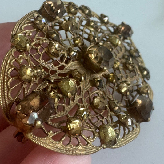 Vintage Filigree Crystal Art Nouveau Brooch with Safety Clasp C-Clasp