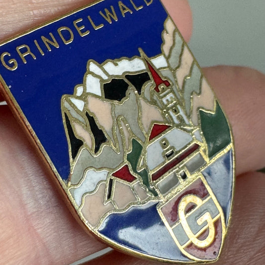 Vintage Grindelwald Switzerland Enamel Travel Crest Souvenir Pin Ski Resort