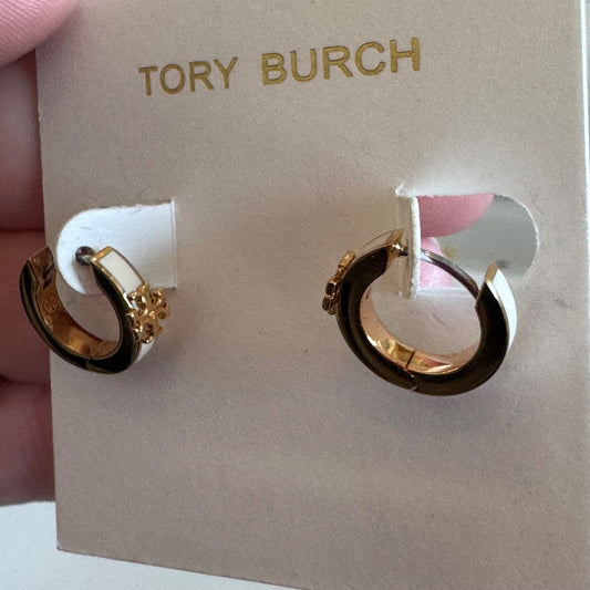 Tory Burch Kira Enamel Gold Huggy Hoop Earrings With Logo New On Card