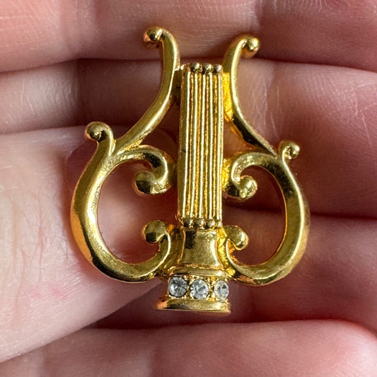Avon Musical Trio: Harp Pin Lyre Gold Tone Rhinestones Music