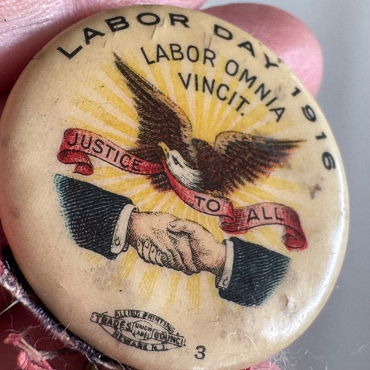 Antique 1916 Labor Day Lapel Pin Justice to All Union Omnia Vincit