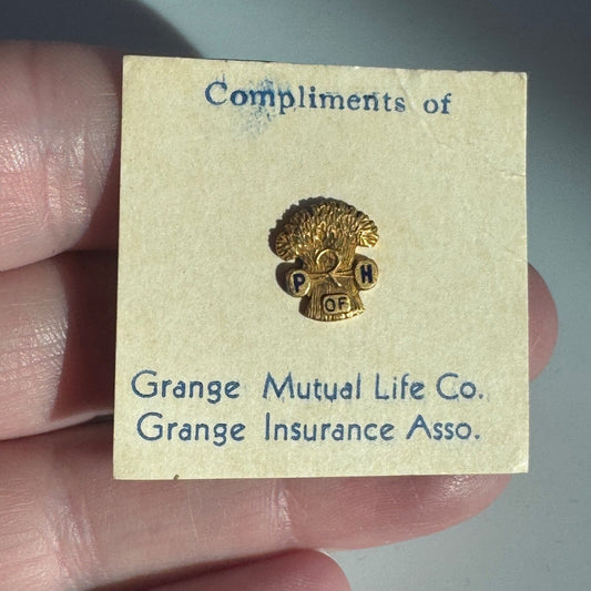 Vintage Grange Pin on Original Card Mutual Life Insurance Screw Back