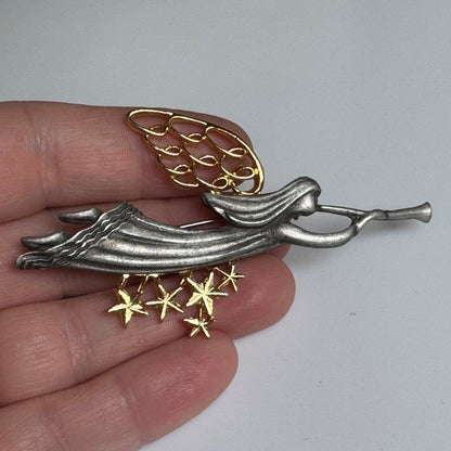 Vintage Pewter Angel Brooch with Golden Wings and Stars Pin Trumpeting