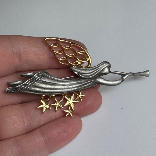 Vintage Pewter Angel Brooch with Golden Wings and Stars Pin Trumpeting