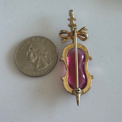 Vintage Hess-Appel Jolle Gold Tone Cello with Bow Brooch Pin Pink Stone As Is