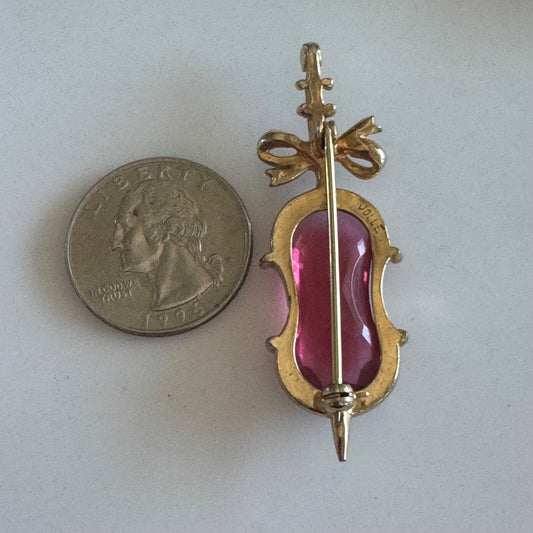 Vintage Hess-Appel Jolle Gold Tone Cello with Bow Brooch Pin Pink Stone As Is