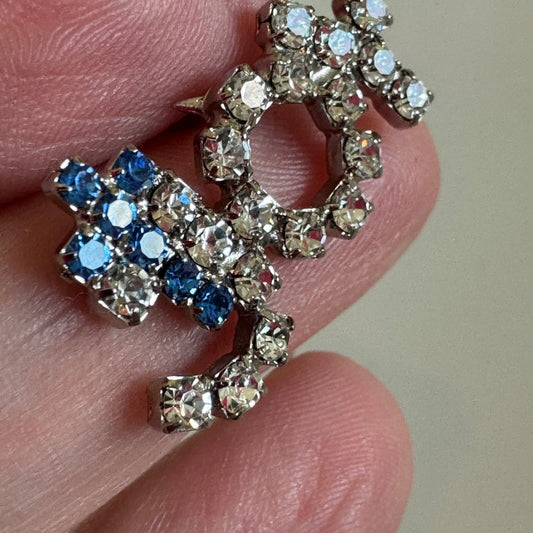 Vintage JOY Rhinestone Brooch Pin with Blue Cross