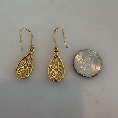 Sterling Silver Filigree Tear Drop Pierced Dangle Earrings Gold Tone 