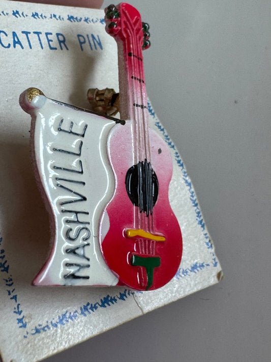 Vintage Nashville Guitar Enamel Brooch Pin Souvenir Tourist