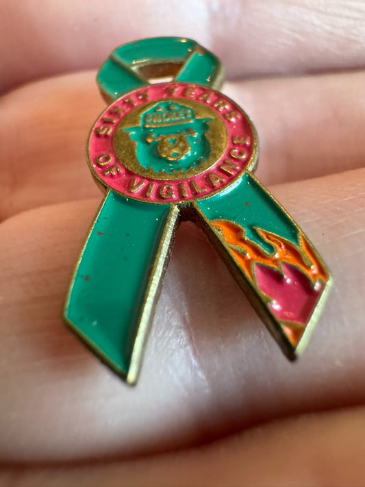 Vintage Smokey The Bear Green Ribbon Sixty Years of Vigilance Lapel Pin
