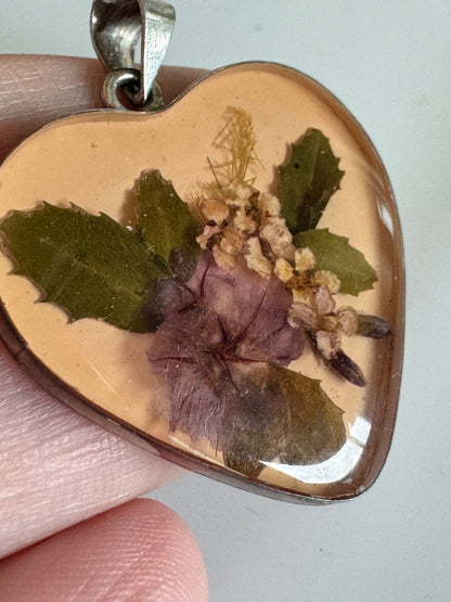 Vintage Boho Sterling Silver Dried Cactus Flower Heart Pendant Jewelry Mexico