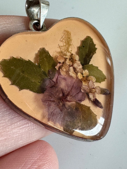Vintage Boho Sterling Silver Dried Cactus Flower Heart Pendant Jewelry Mexico