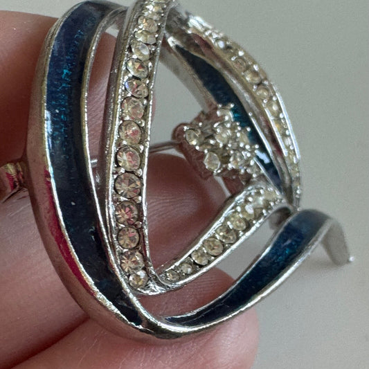 Fabulous Silver Toned Blue Enamel Crystal Statement Swirl Brooch Pin