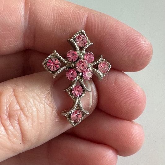 Vintage Silver Tone with Pink Crystal Cross Pin Brooch
