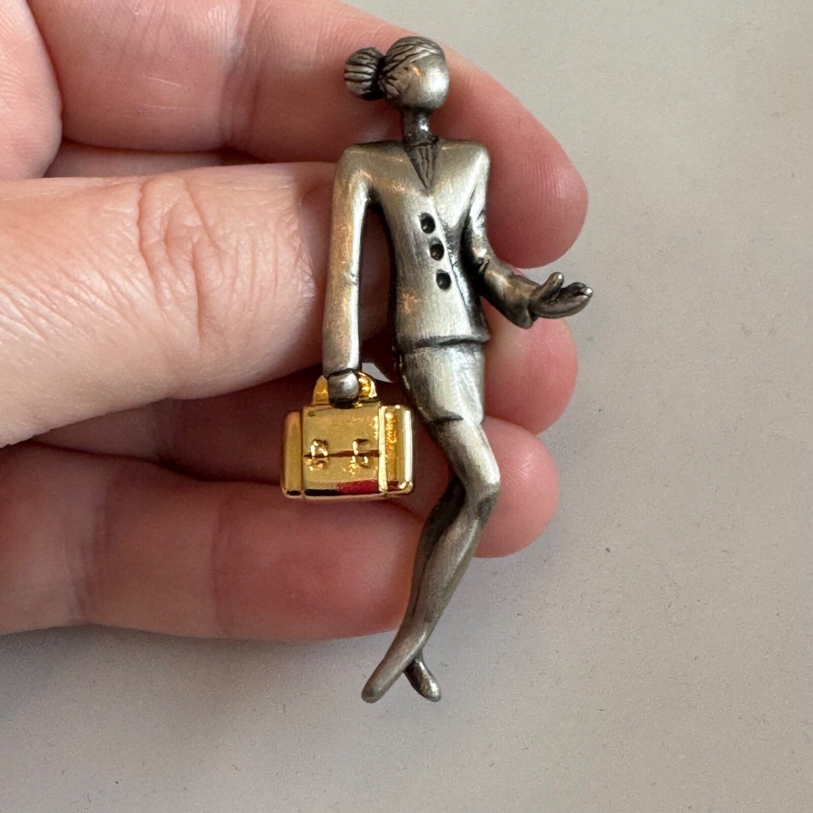 Vintage 1980s Business Woman Brooch Gold Tone Briefcase Pin Signed AAI