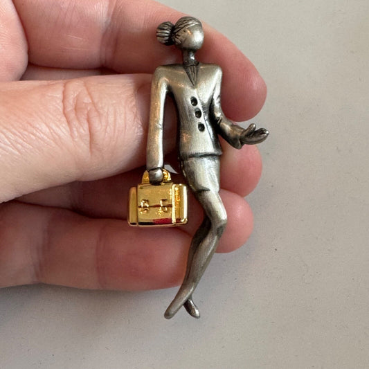 Vintage 1980s Business Woman Brooch Gold Tone Briefcase Pin Signed AAI