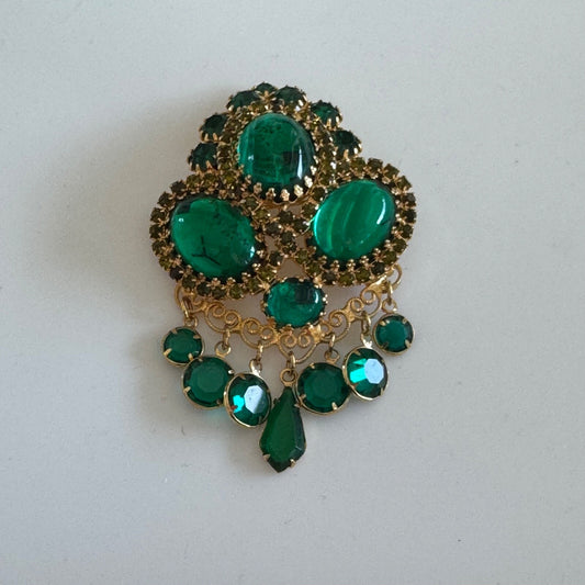 Juliana D&E Green Cabochon Dangle Brooch Gold Tone Heart Scroll