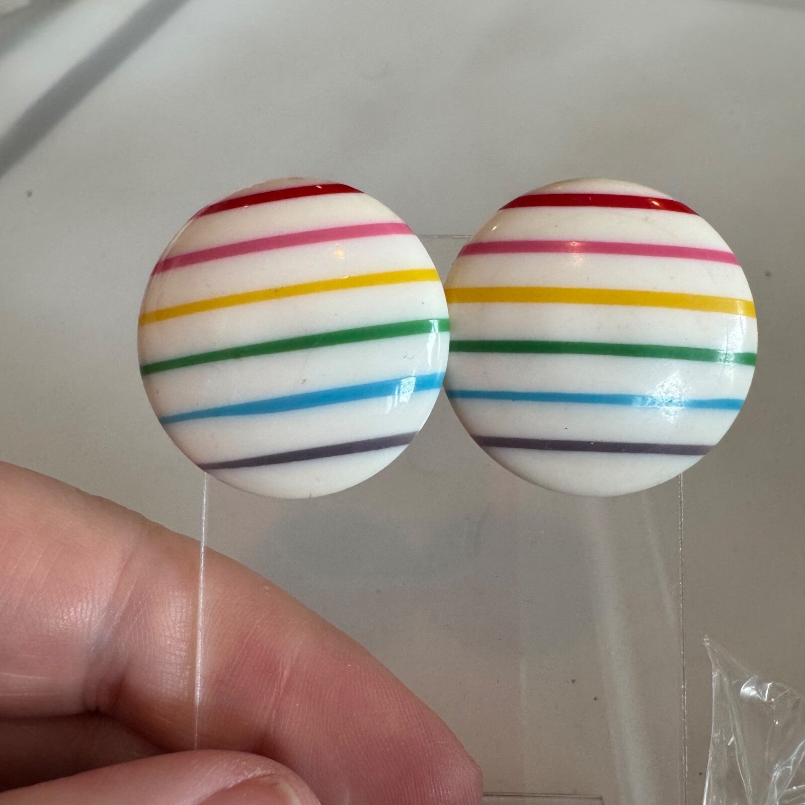 Vintage White Rainbow Disc Pierced Earrings 