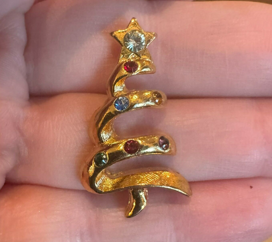 Christmas Tree Lapel Pin Brooch Gold Tone Multi-Colored Rhinestones Crystals