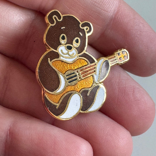 Vintage Guitar Playing Teddy Bear Enamel Lapel Pin 